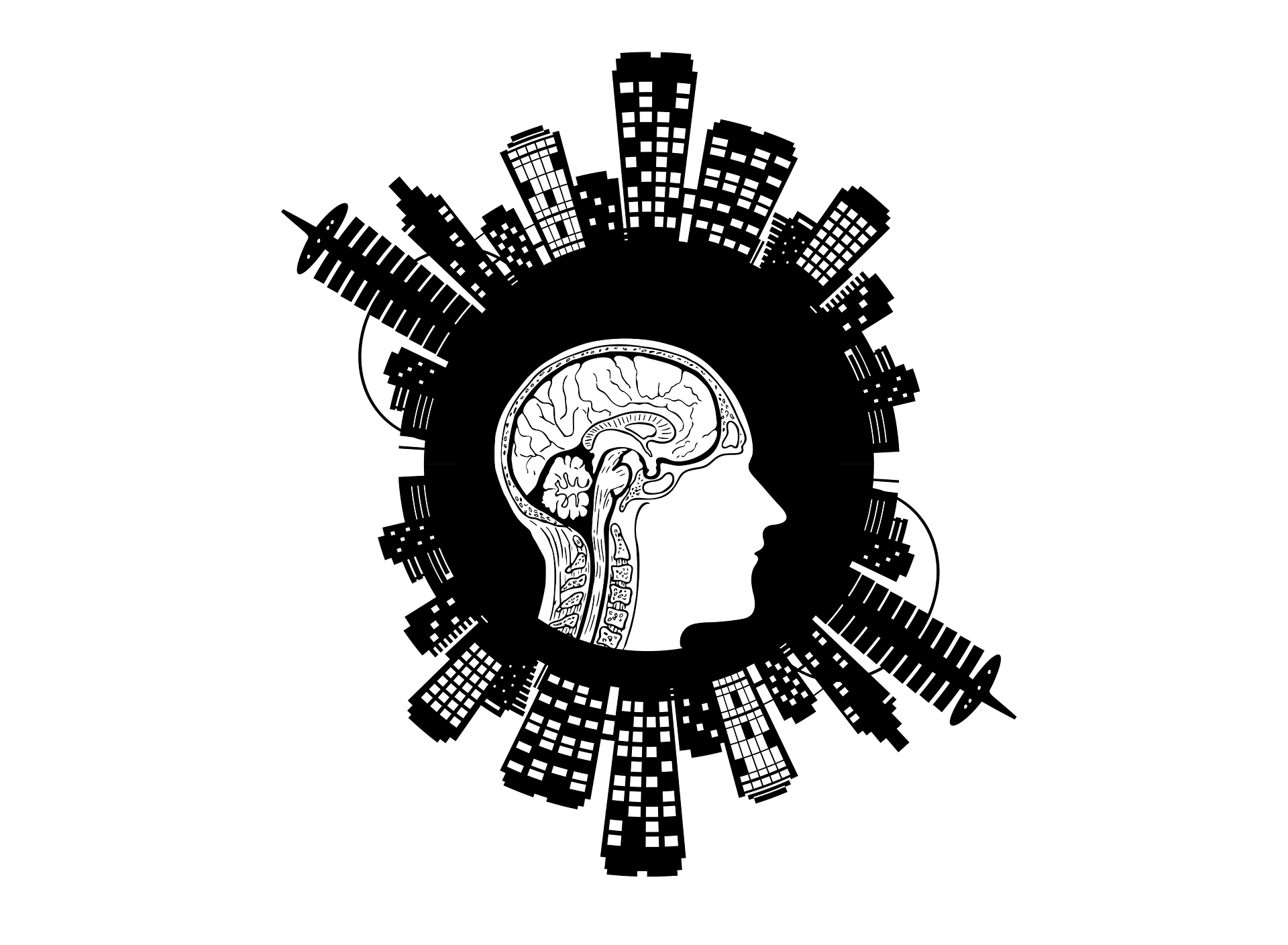 obrazek przedstawia głowę otoczoną budynkami